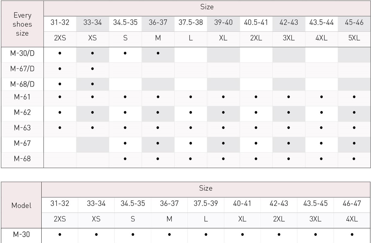 Grishko warm up booties size coresponding charts for kids and adults